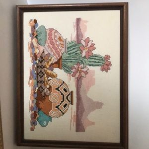 Framed Native American themed cross stitch